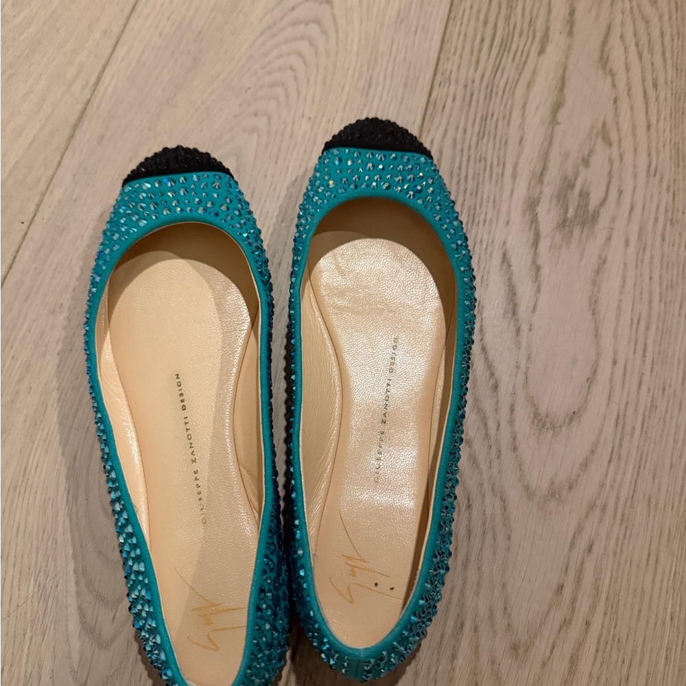 Elegant Teal and Black Tip Giuseppe Zanotti Studded Flats with box